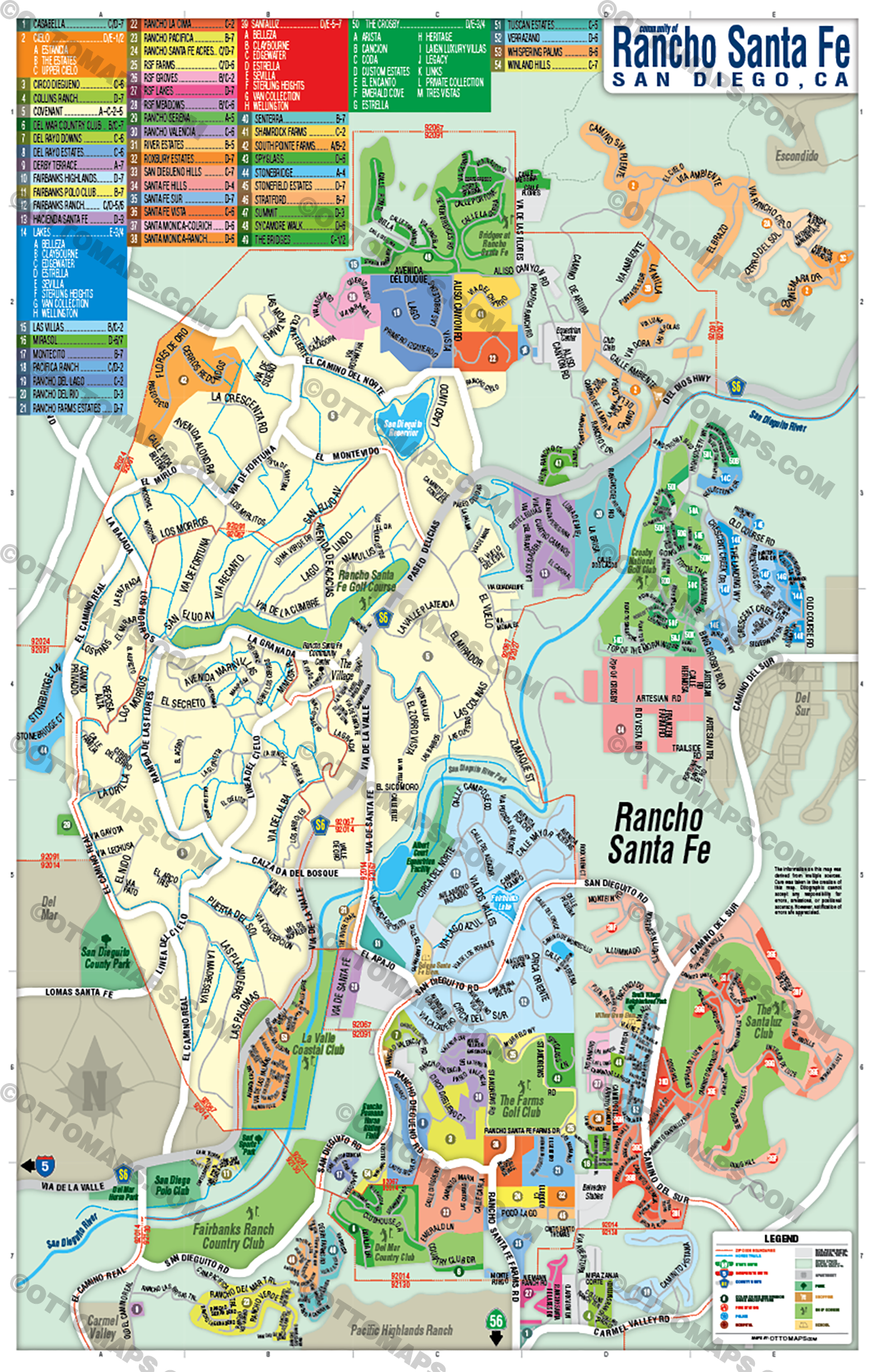 Rancho Santa Fe Map, San Diego County, CA  - FILES - PDF and AI, editable, vector, royalty free