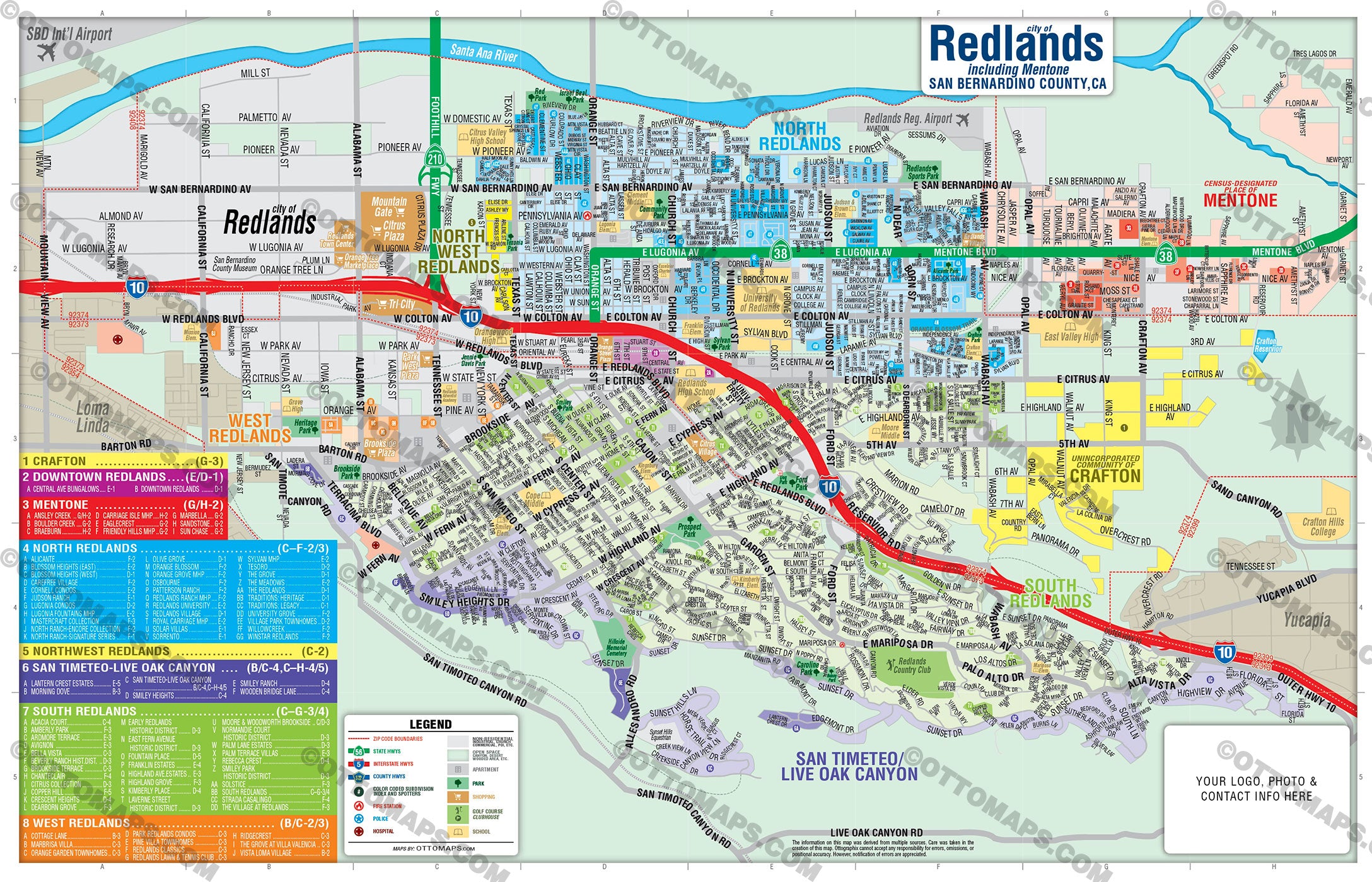 Redlands Map with Mentone, San Bernardino County, CA - FILES - PDF and AI, editable, vector, royalty free