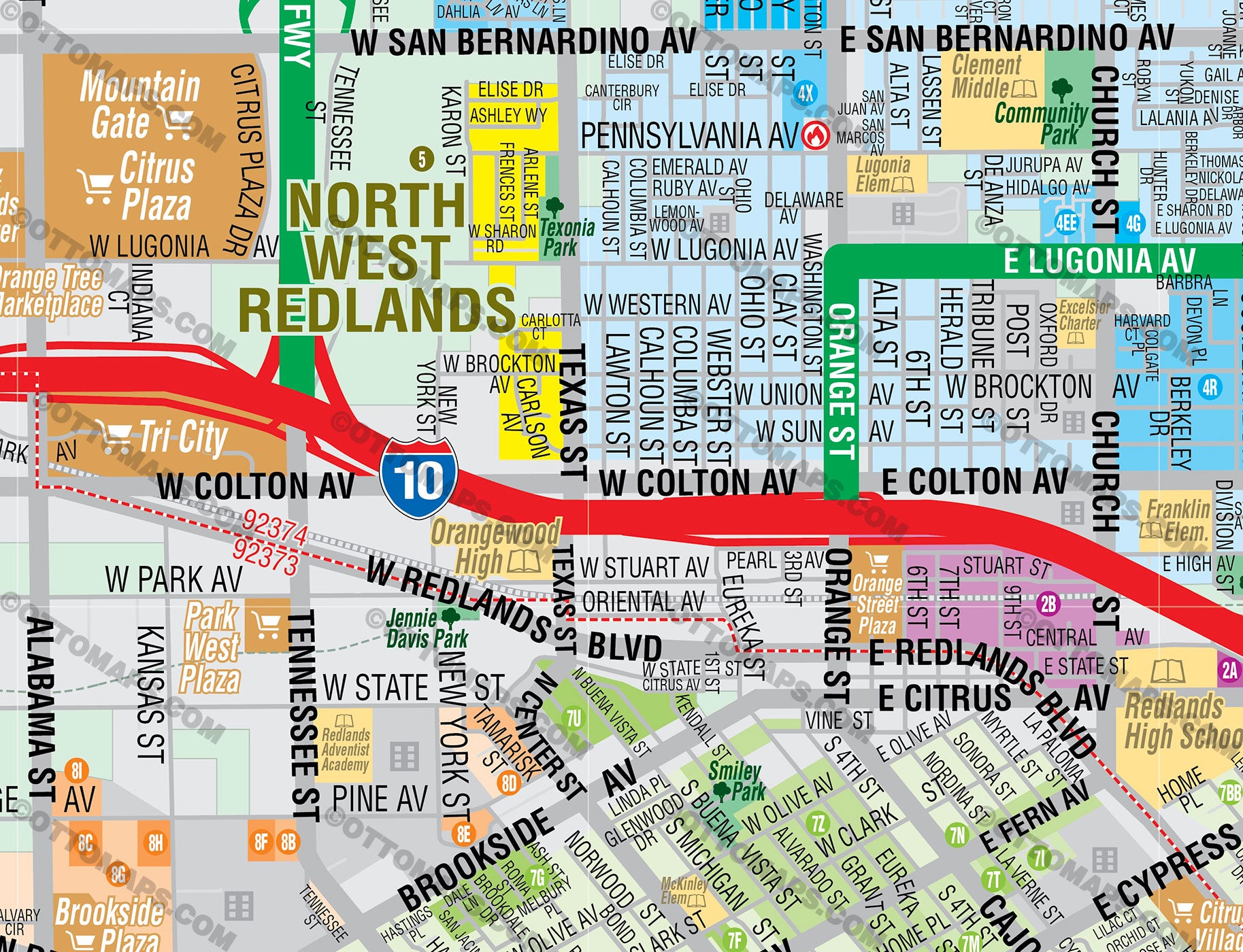 Redlands Map with Mentone, San Bernardino County, CA - FILES - PDF and AI, editable, vector, royalty free