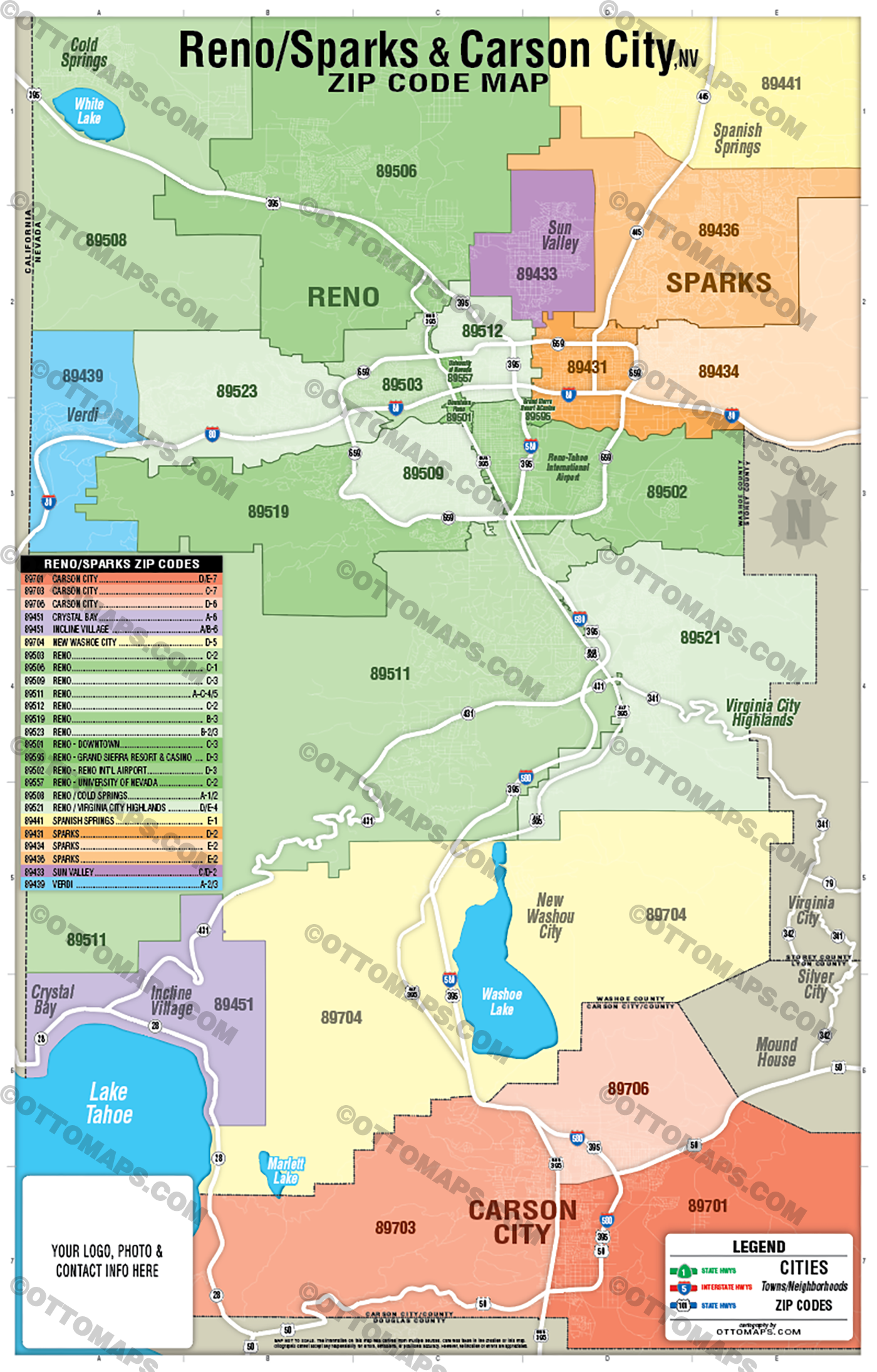 Reno - Sparks - Carson City Zip Code Map FILES - PDF and AI, layered, editable, vector, royalty free