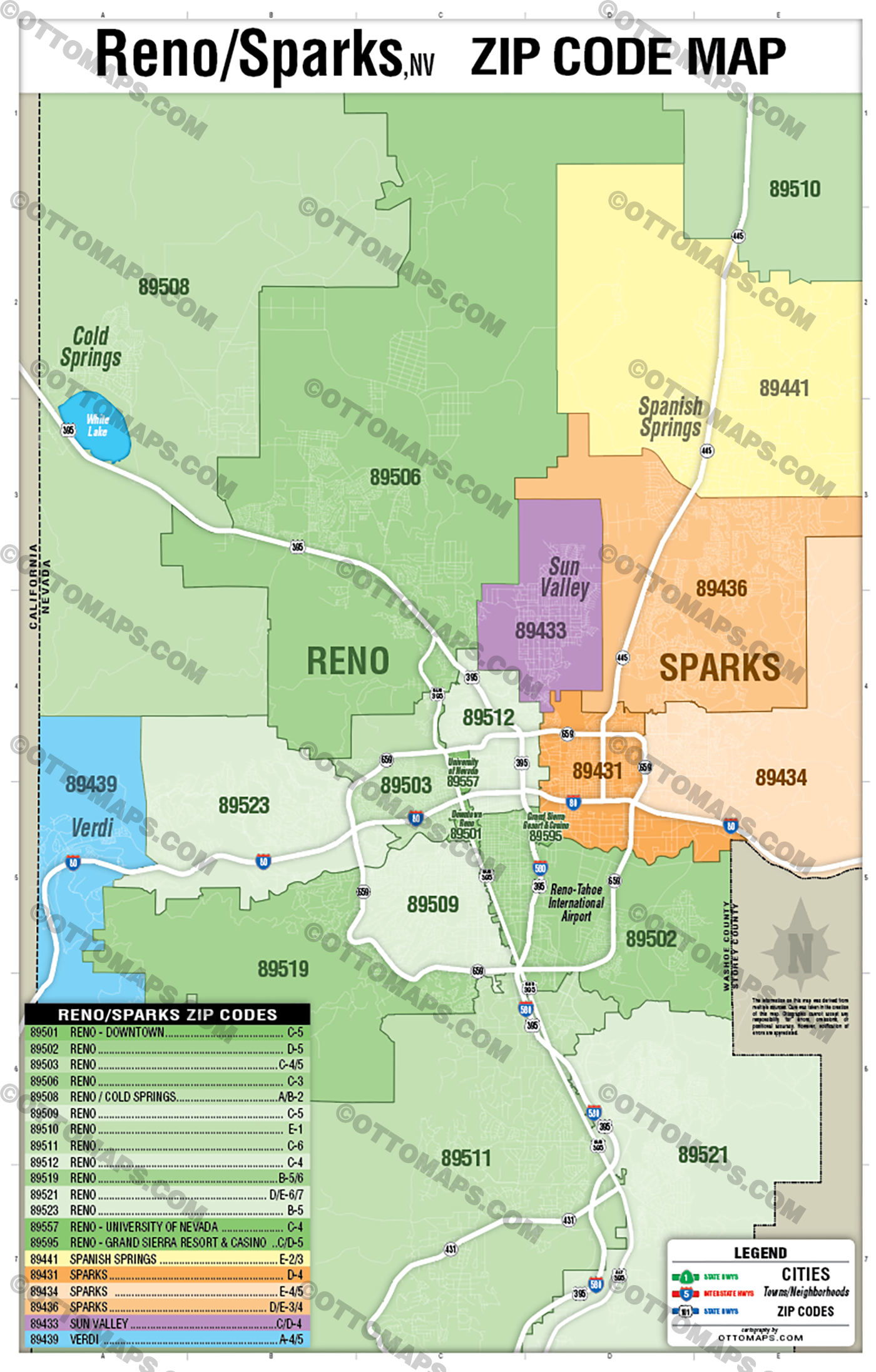 Reno - Sparks Zip Code Map - POSTER PRINTS