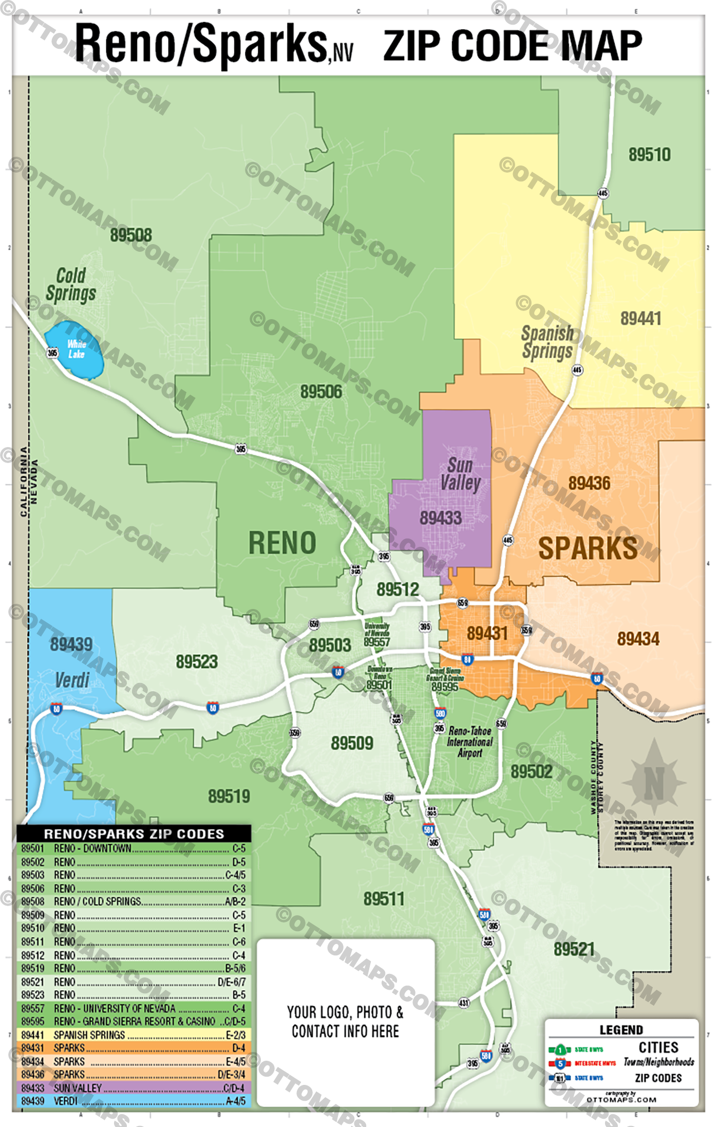 Reno - Sparks Zip Code Map - FILES - PDF and AI Files, editable, vector, royalty free