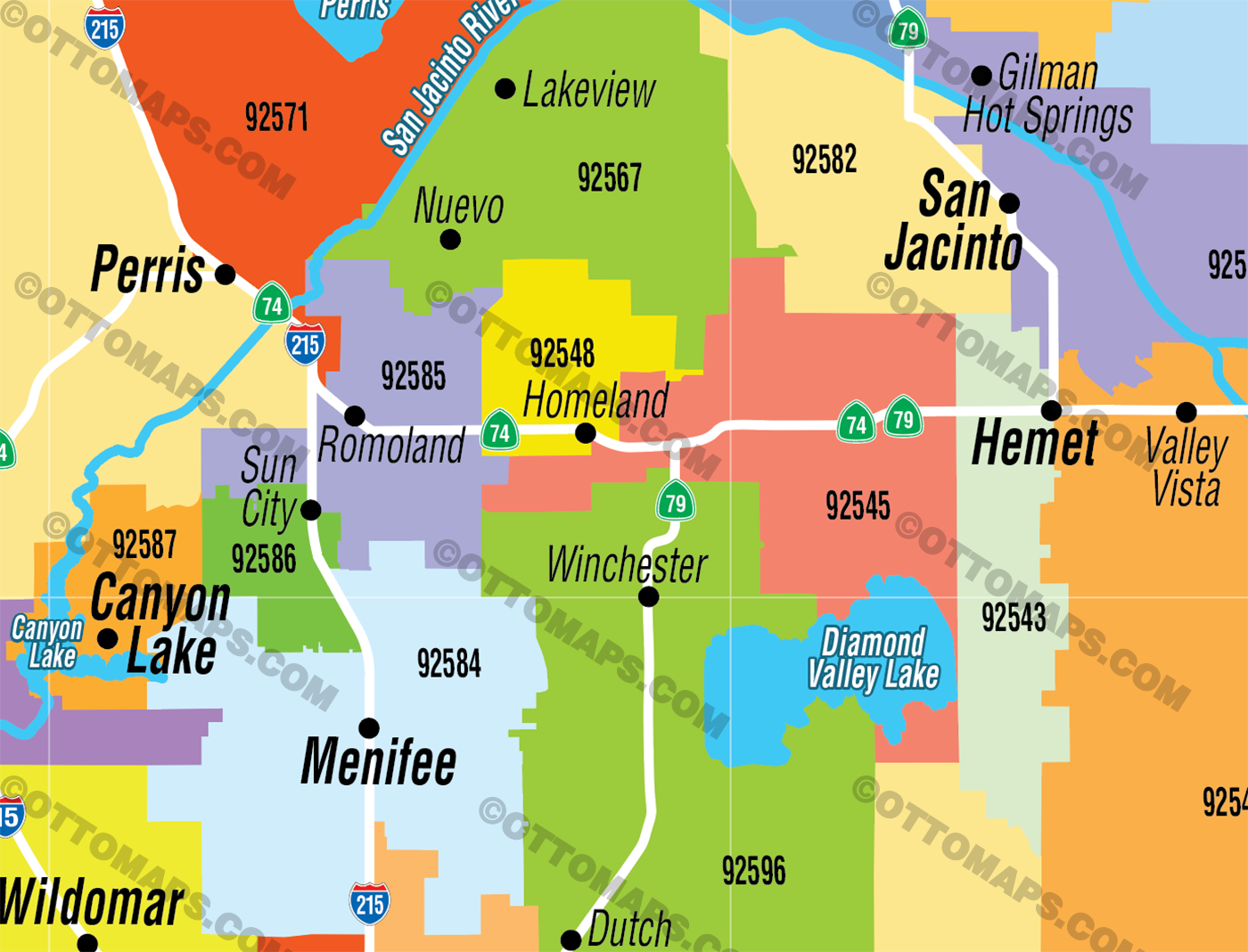 Riverside County Zip Code Map - FILES - PDF and AI, editable, layered, vector, royalty free