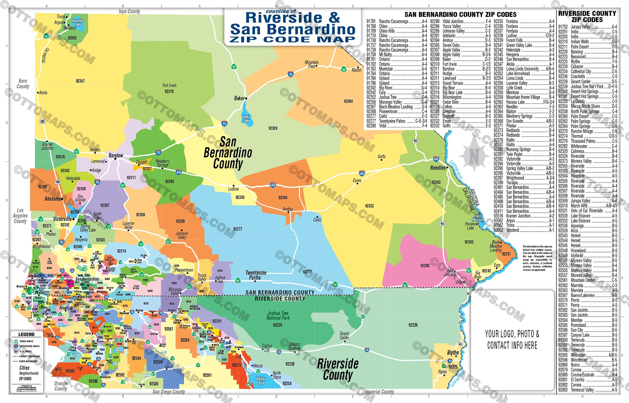 Riverside and San Bernardino Counties Zip Code Map - POSTER PRINTS