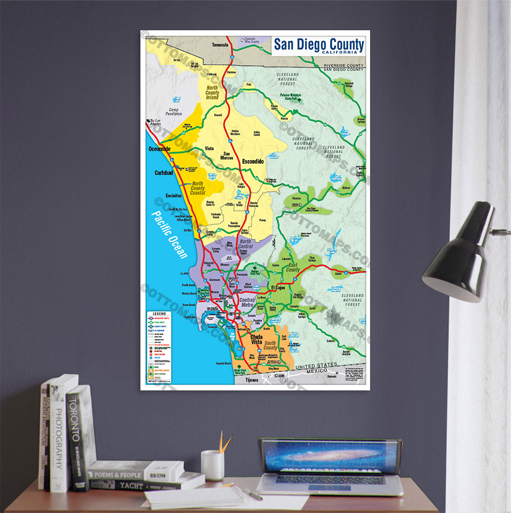 San Diego County Map - COASTAL (no Zip Codes) - POSTER PRINTS