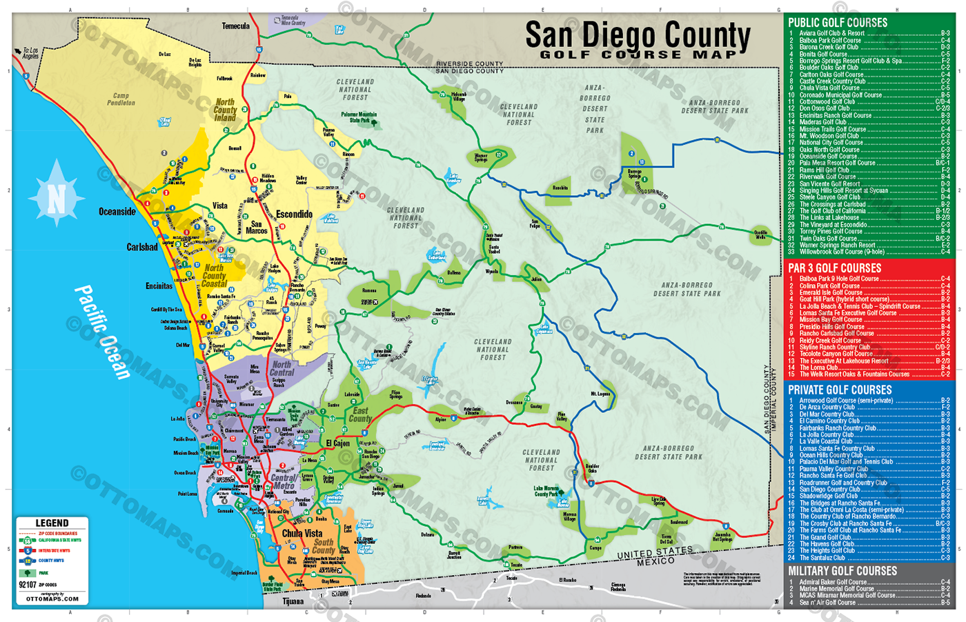 San Diego County Golf Map - FILES - PDF and AI, editable, layered, vector, royalty free - NO BOX