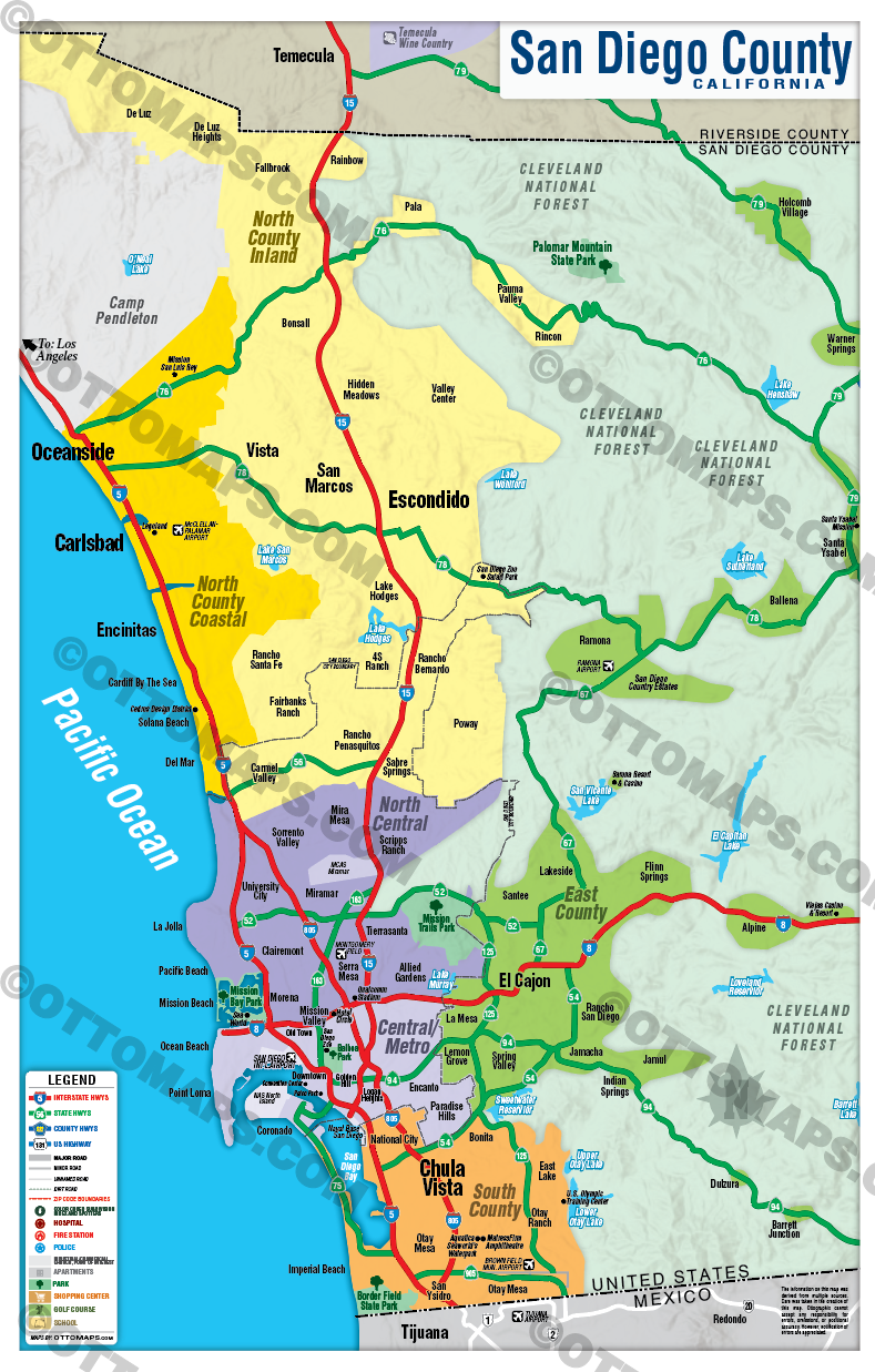 San Diego County Map - COASTAL (no Zip Codes) - FILES - PDF and AI, editable, layered, vector, royalty free