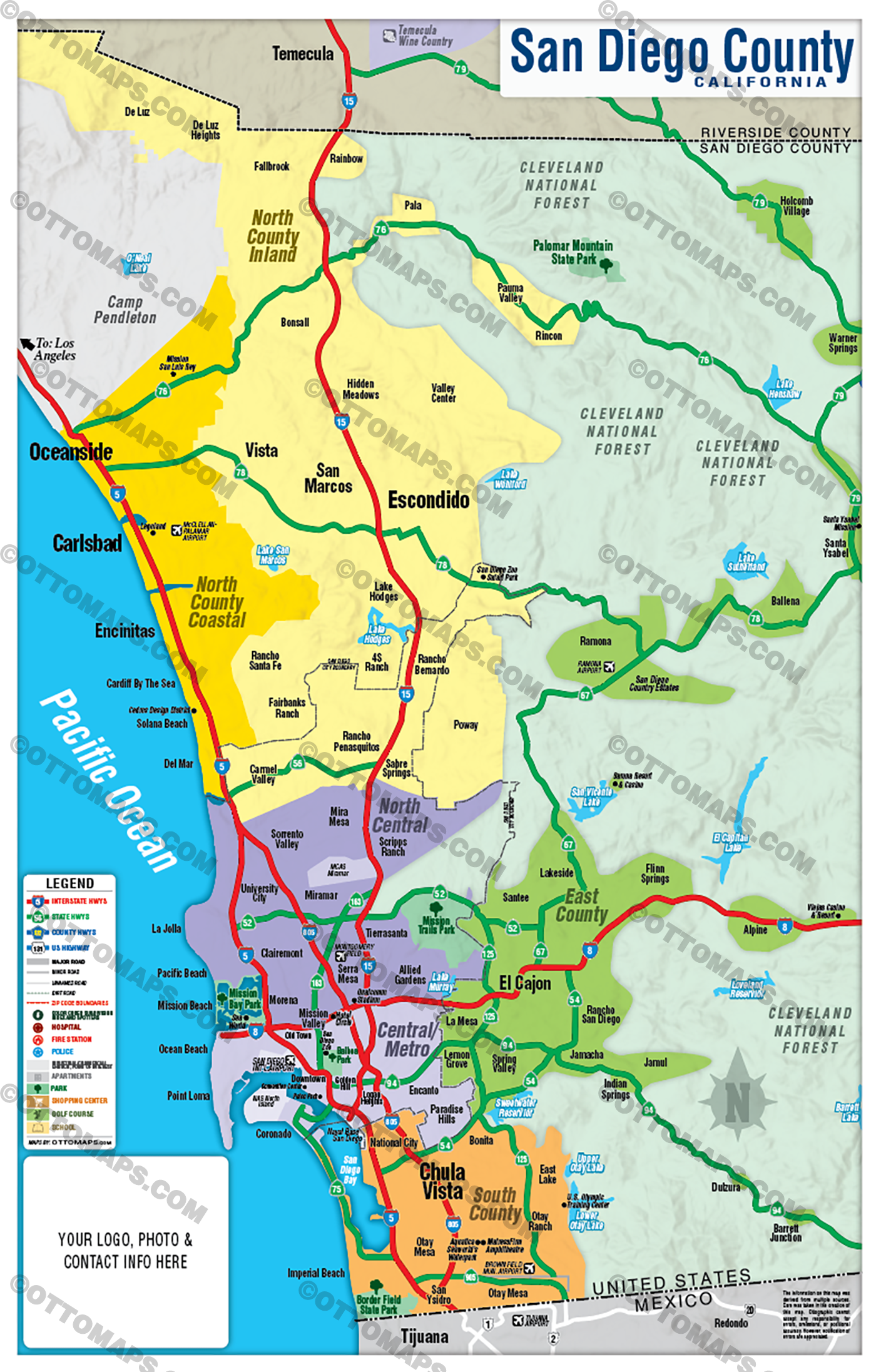 San Diego County Map - COASTAL (no Zip Codes) - FILES - PDF and AI, editable, layered, vector, royalty free