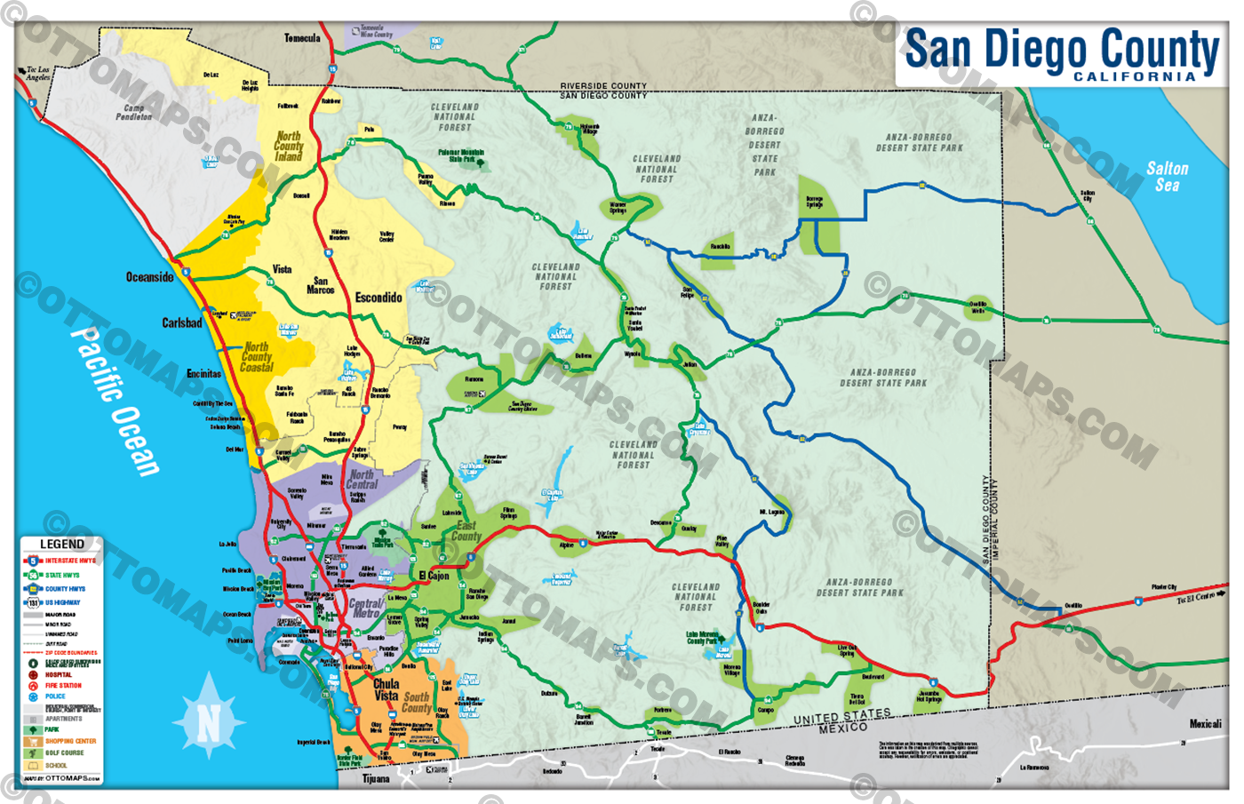 San Diego County Map - FULL (no Zip Codes) - FILES - PDF and AI, layered, editable, vector, royalty free