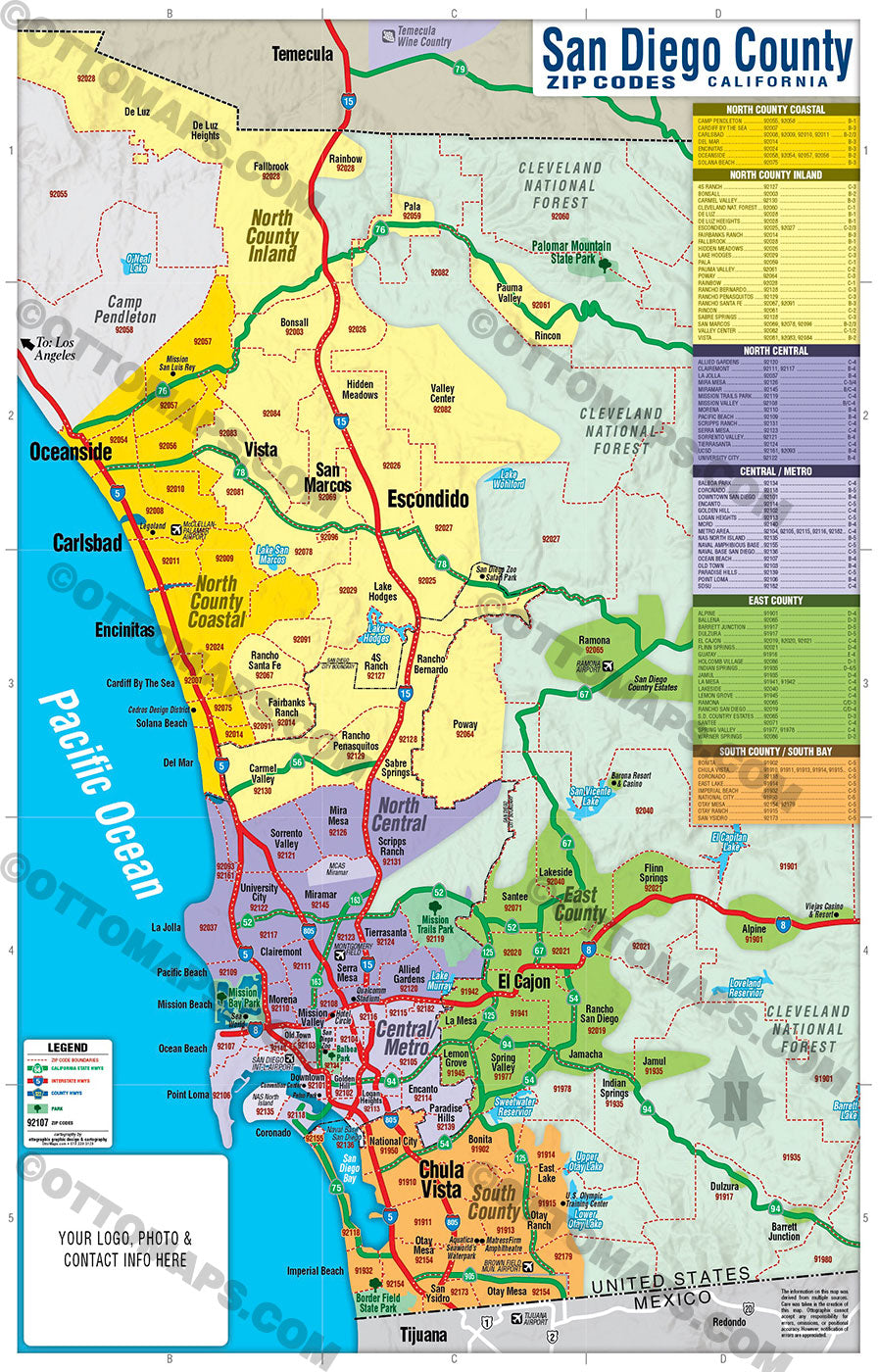 San Diego County Zip Code Map - COASTAL (Areas colorized) - FILES - PDF and AI, editable, layered, vector, royalty free