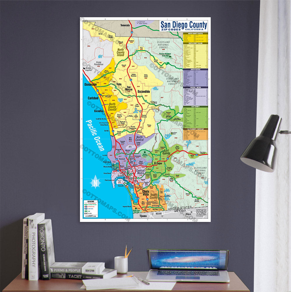 San Diego County Zip Code Map - COASTAL (Regions colorized) POSTER PRINTS