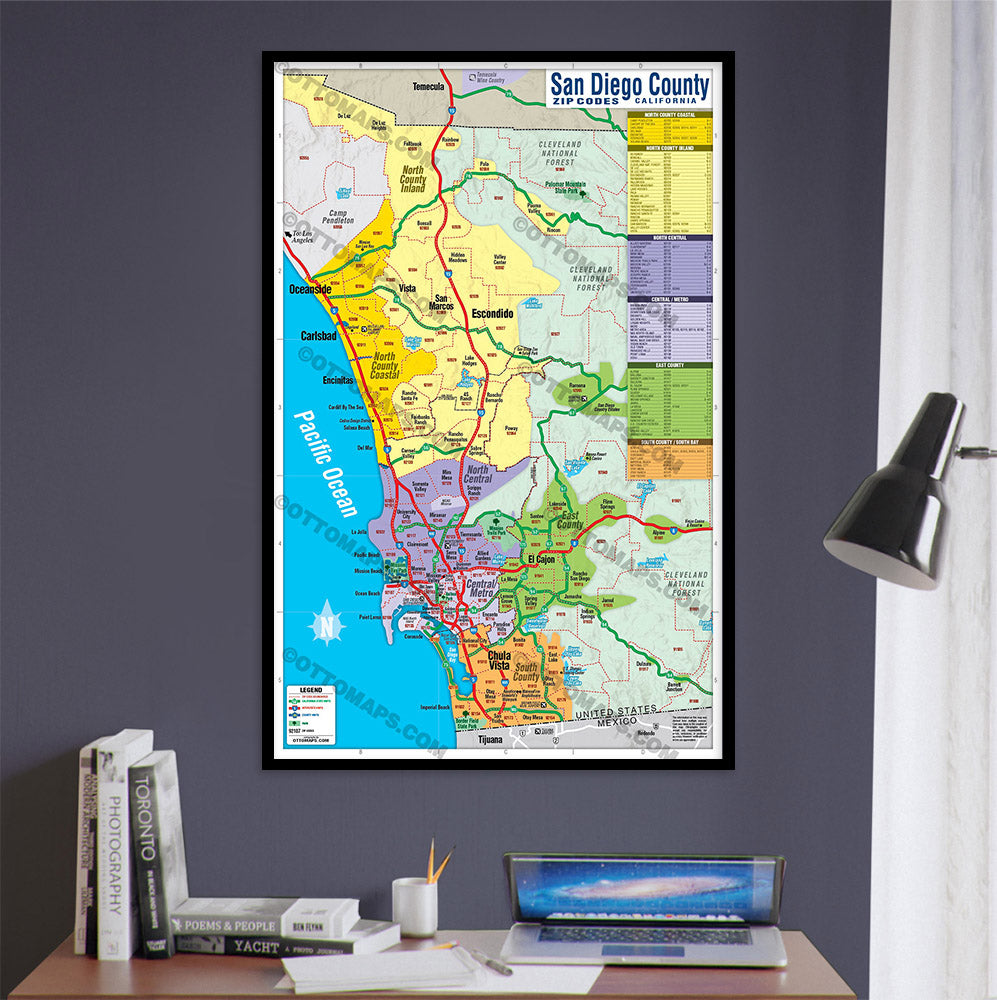 San Diego County Zip Code Map - COASTAL (Regions colorized) POSTER