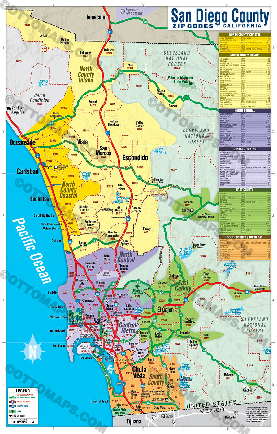 San Diego County Zip Code Map - COASTAL (Regions colorized) POSTER PRINTS
