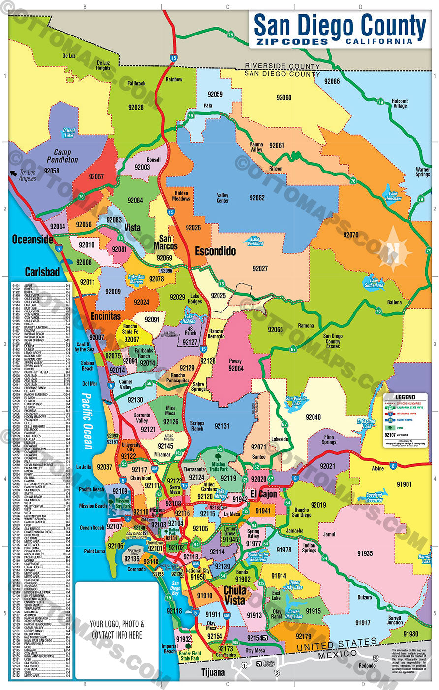 San Diego County Zip Code Map - COASTAL (Zips colorized) - FILES - PDF and AI, editable, layered, vector, royalty free