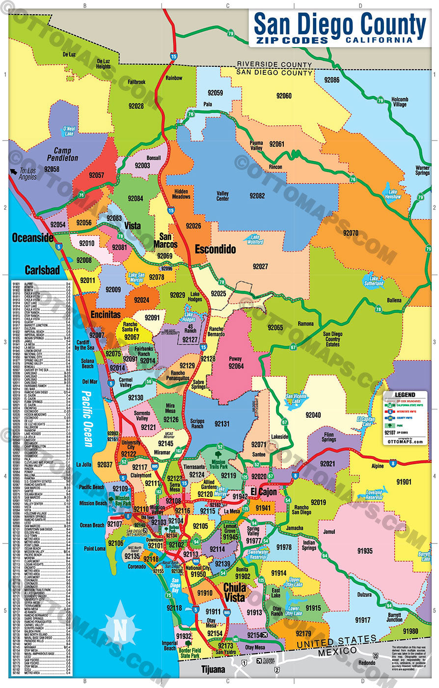 San Diego County Zip Code Map - COASTAL (Zips colorized) - FILES - PDF and AI, editable, layered, vector, royalty free