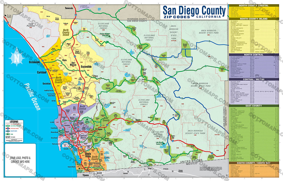 San Diego County Zip Code Map - FULL (Areas colorized) - FILES - PDF and AI, editable, layered, vector, royalty free (Copy)