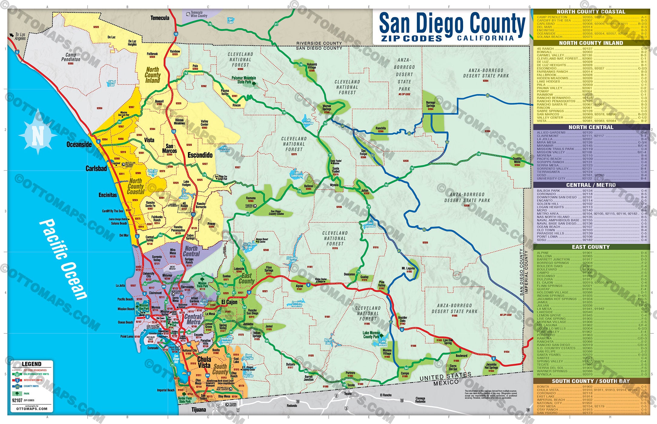 San Diego County Zip Code Map - FULL (Areas colorized) - POSTER PRINTS