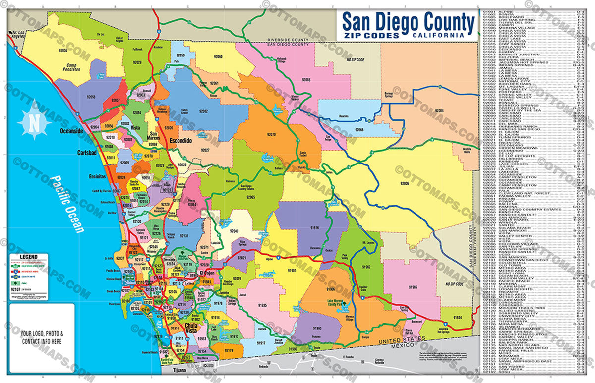 San Diego County Zip Code Map - FULL (Zips colorized) - FILES - PDF and AI, editable, layered, vector, royalty free