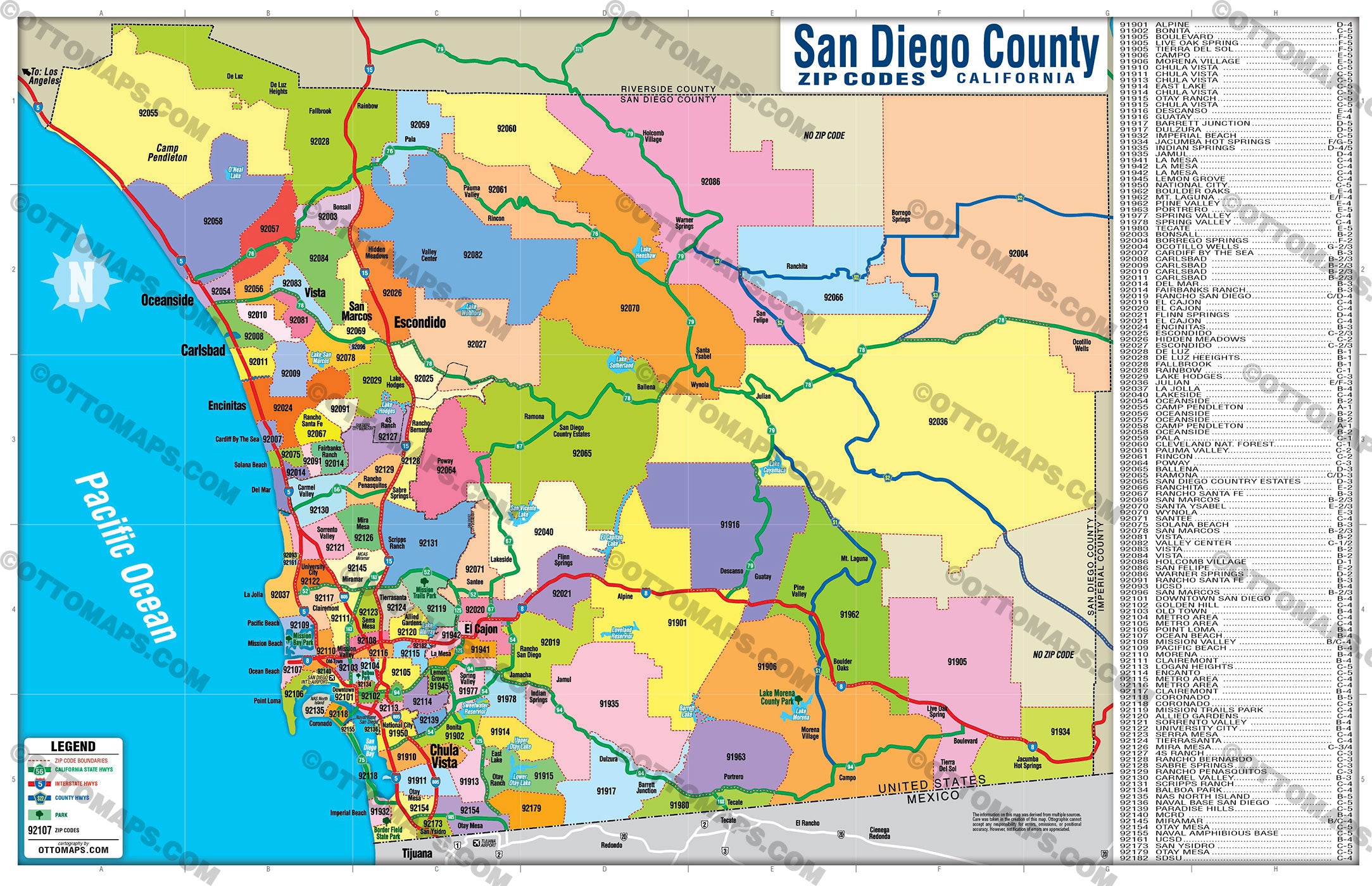 San Diego County Zip Code Map - FULL (Zips colorized) - FILES - PDF and AI, editable, layered, vector, royalty free