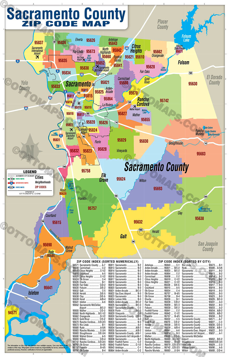 Sacramento County Zip Code Map - POSTER PRINTS