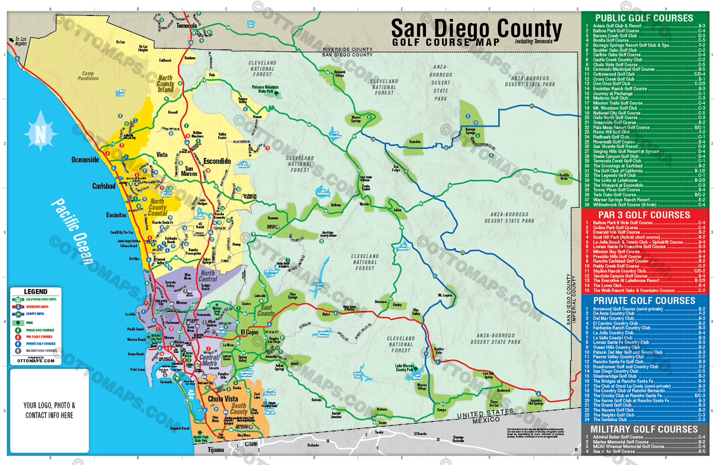 San Diego County Golf Map - FILES - PDF and Adobe Illustrator, editable, layered - with box