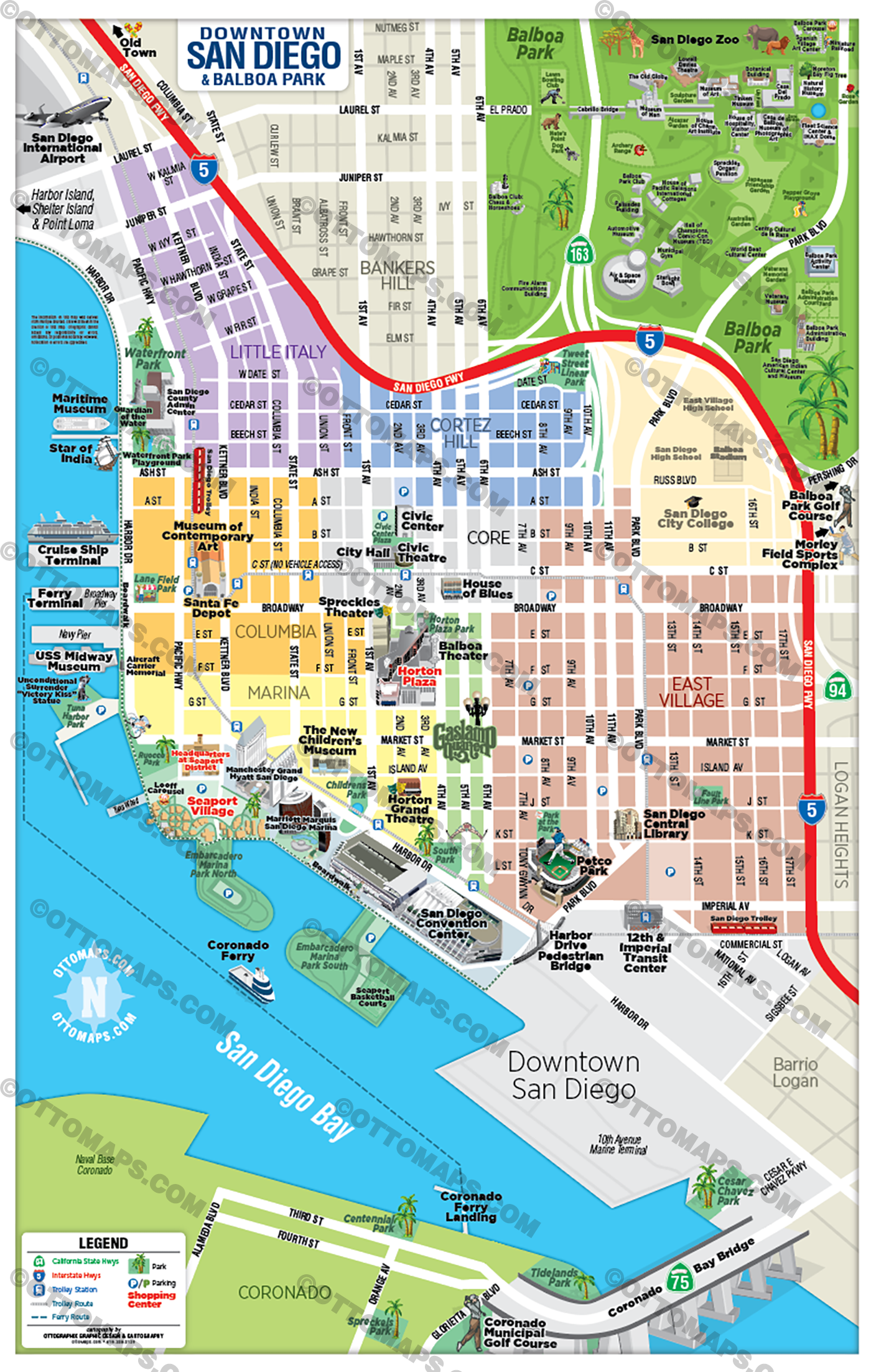 Downtown San Diego Tourist Map with Balboa Park Map - POSTER PRINTS