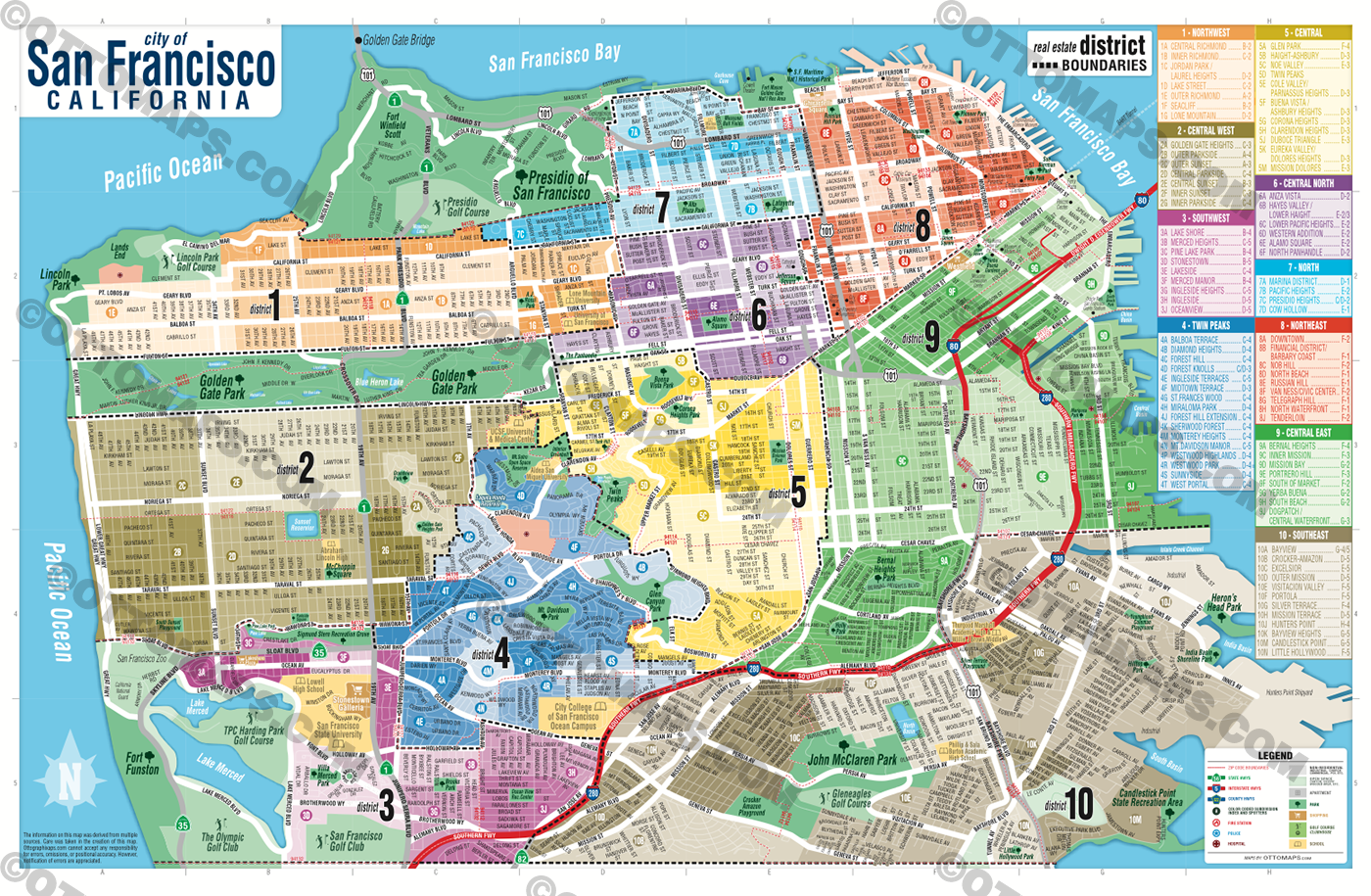 San Francisco Map with MLS Areas (Real Estate District Boundaries)  - POSTER PRINTS