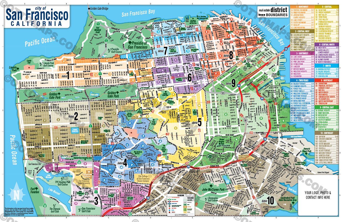 San Francisco Map with MLS Areas (Real Estate District Boundaries)  - POSTER PRINTS