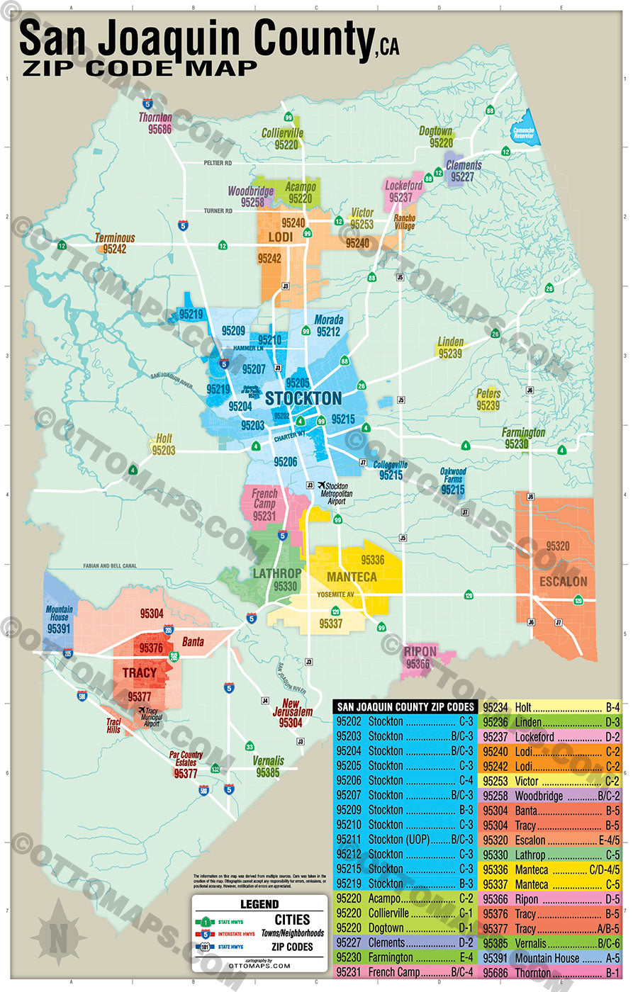 San Joaquin County Zip Code Map - POSTER PRINTS