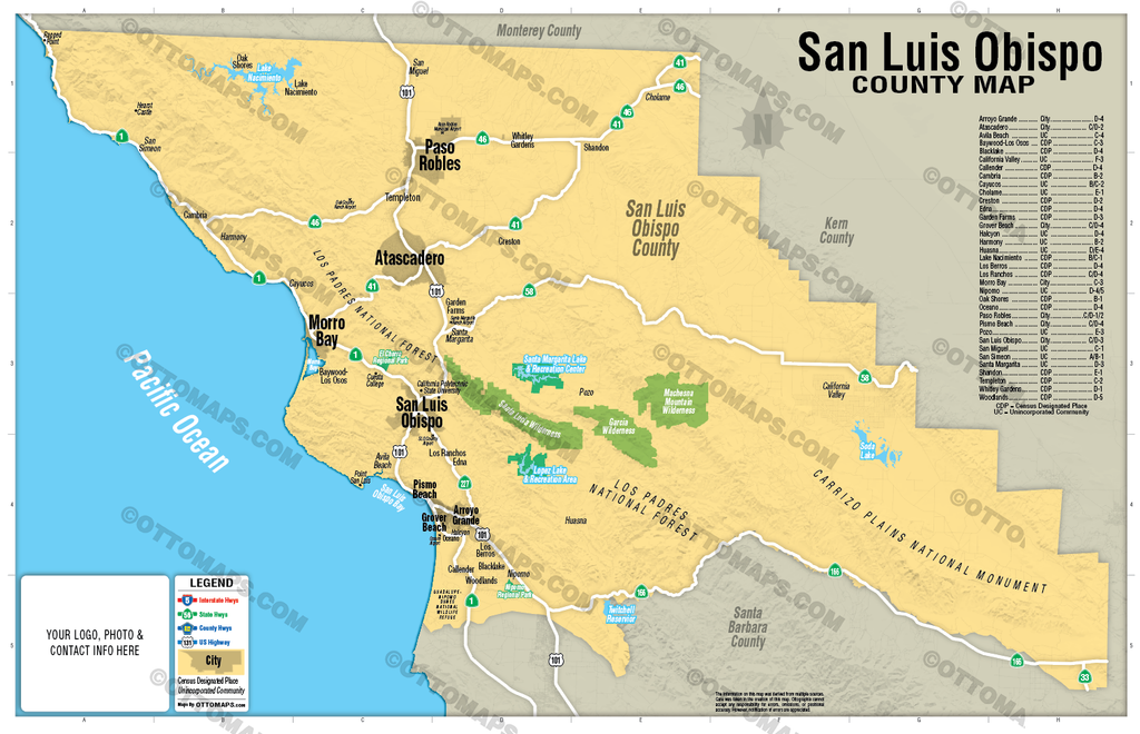 Sent Luis Map San Luis Obispo County Map (no zip codes) - FILES - PDF and AI – Otto Maps