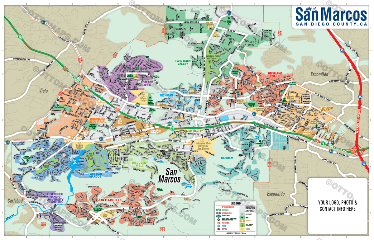 San Marcos and Lake San Marcos Map with Neighborhoods - FILES - PDF and Adobe Illustrator - with box