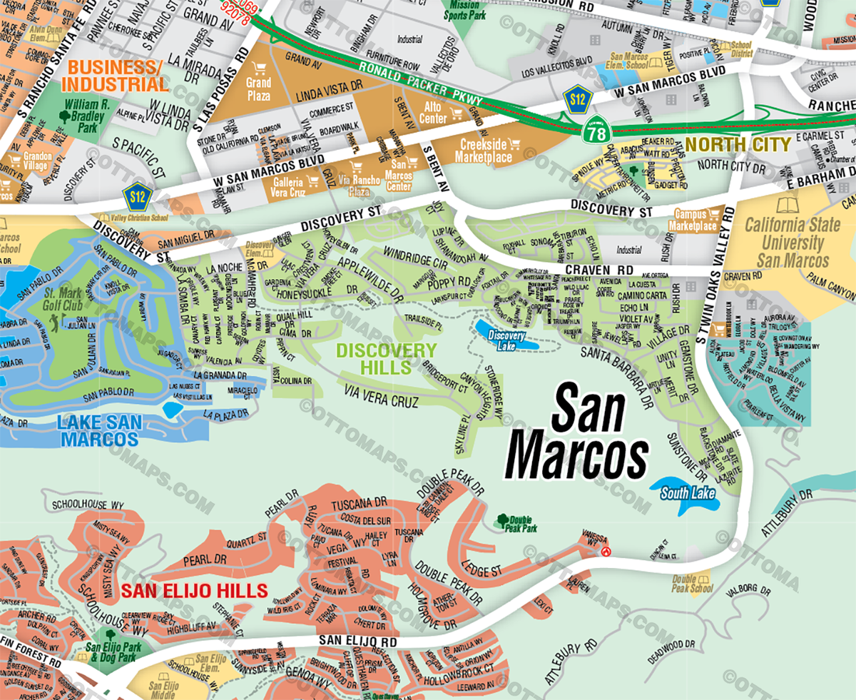 San Marcos and Lake San Marcos Map with Neighborhoods - FILES - PDF and Adobe Illustrator - zoom