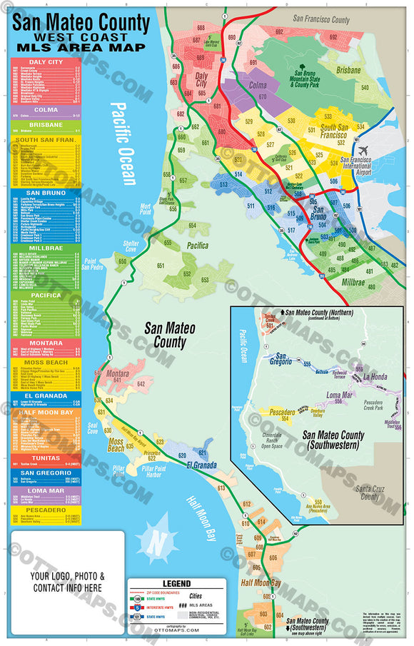 San Mateo County Map - WEST with MLS Areas - PDF, editable, royalty free
