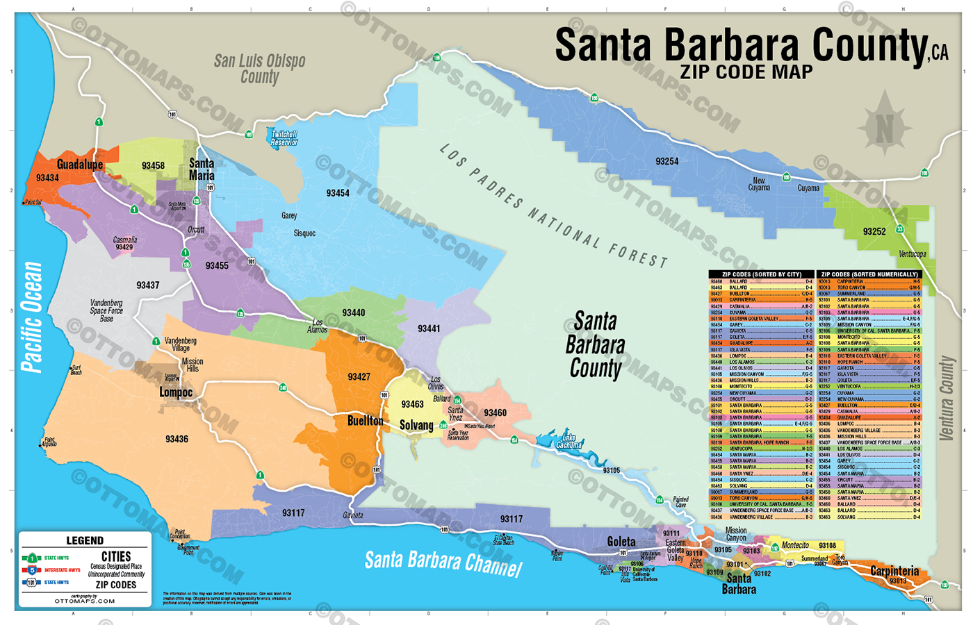 Santa Barbara County Zip Code Map, CA - FILES - PDF and AI Files, editable, vector, royalty free - no box