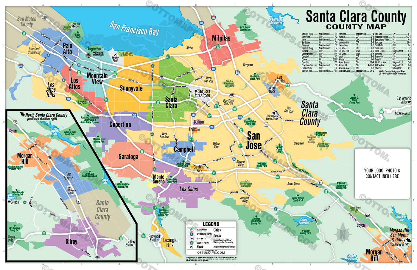 Santa Clara County Map (no zip codes) - FILES - PDF and AI, editable, vector, royalty free - with box