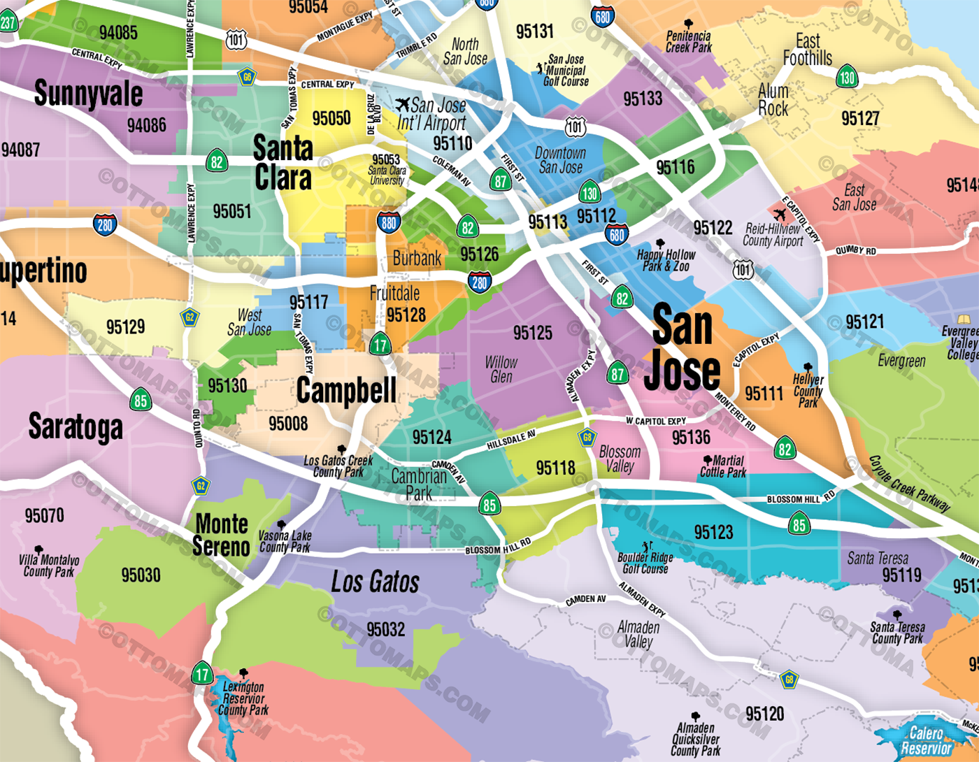 Santa Clara County Zip Code Map - FILES - PDF and AI, editable, vector, royalty free