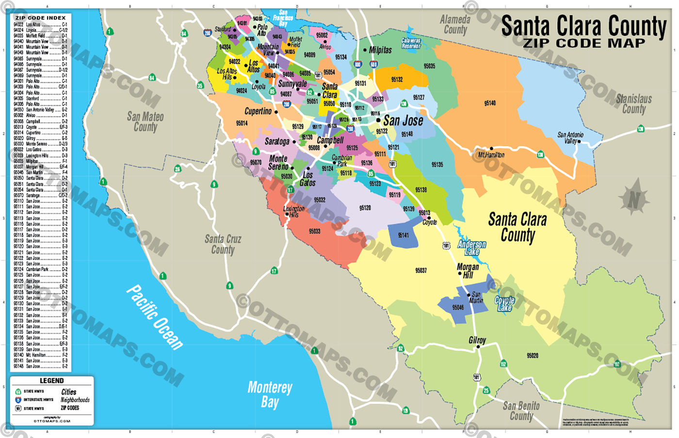 Santa Clara County Zip Code Map - FILES - PDF and AI, editable, vector, royalty free