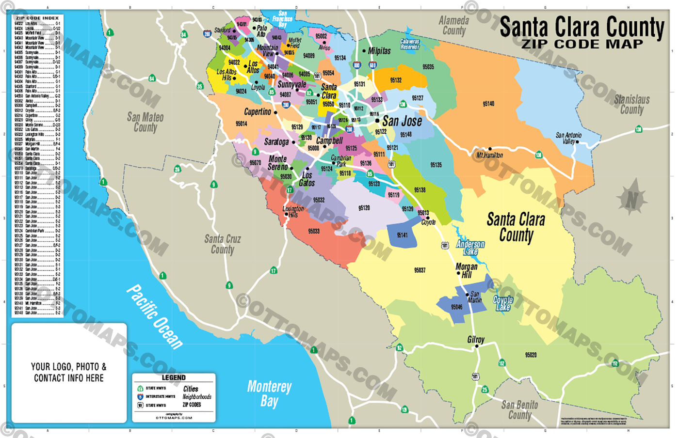 Santa Clara County Zip Code Map - FILES - PDF and AI, editable, vector, royalty free