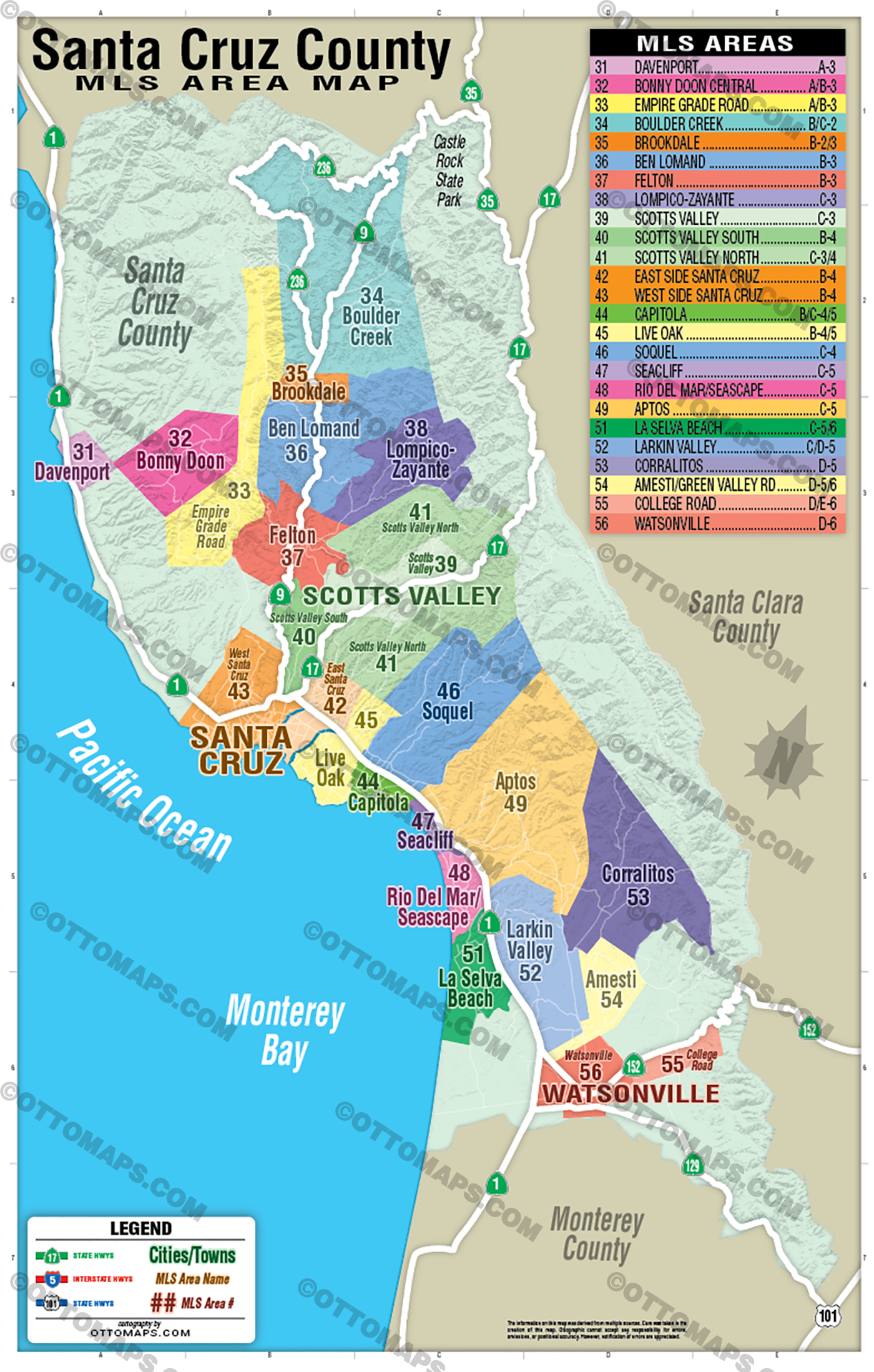 Santa Cruz County MLS Area Map, California - FILES - PDF and AI, editable, layered, vector, royalty free