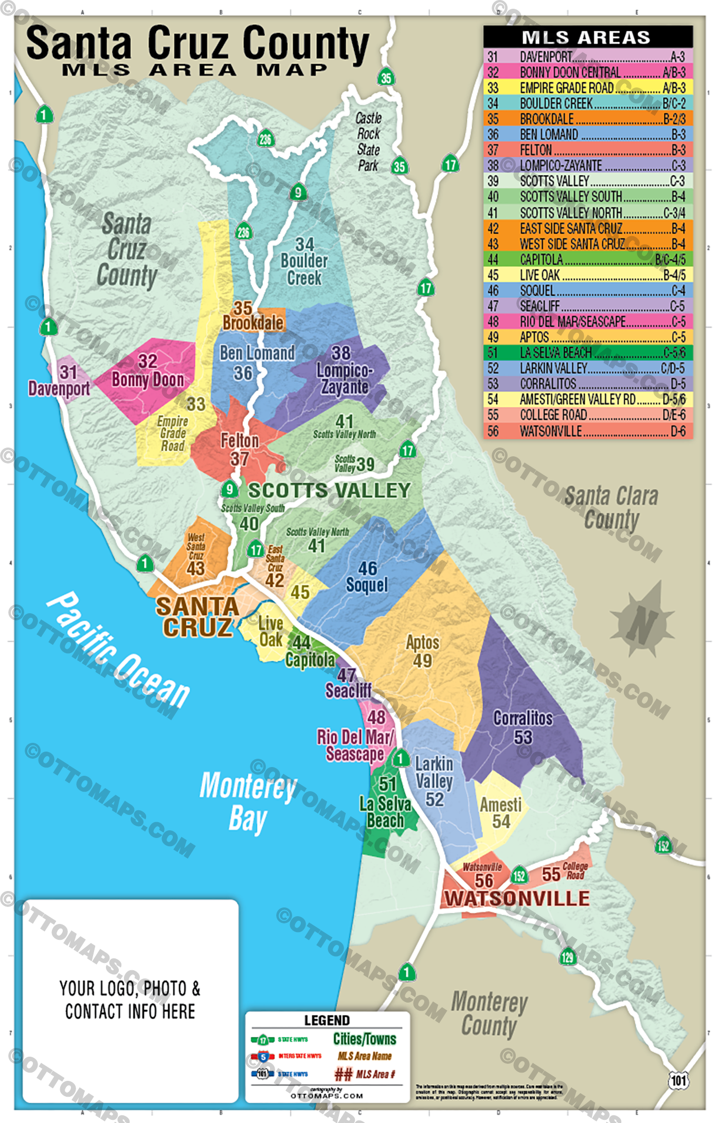 Santa Cruz County MLS Area Map, California - FILES - PDF and AI, editable, layered, vector, royalty free