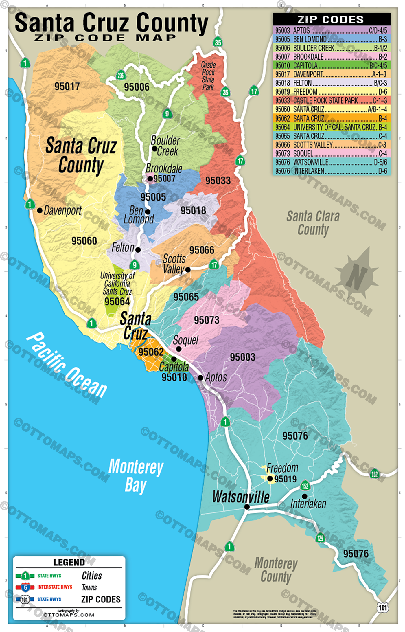 Santa Cruz County Zip Code Map - POSTER PRINTS