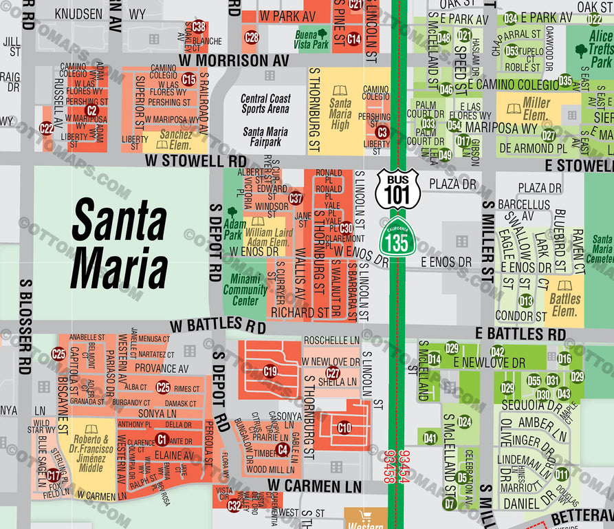 Santa Maria Map, Santa Barbara County, CA - FILES - PDF and AI, editable, vector, royalty free