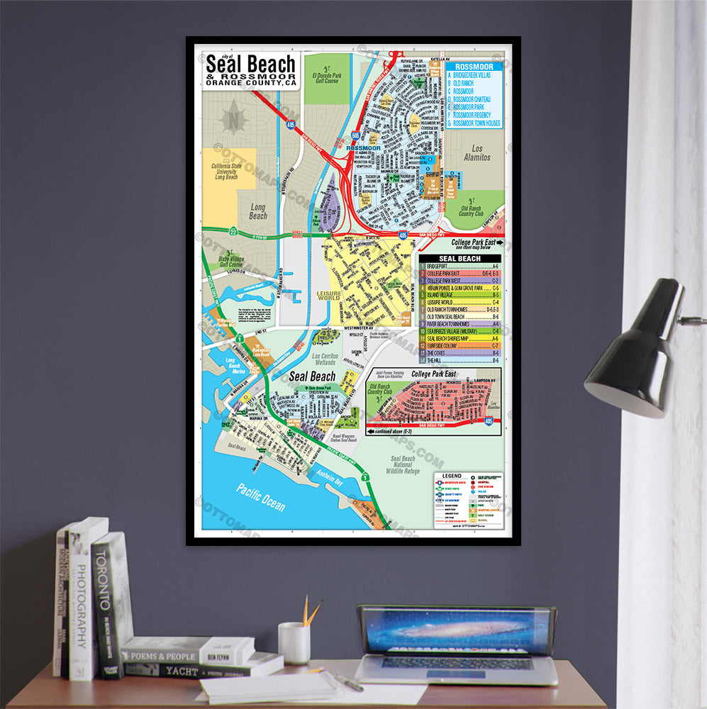 Seal Beach Map with Rossmoor, Orange County, CA - POSTER PRINTS - with frame