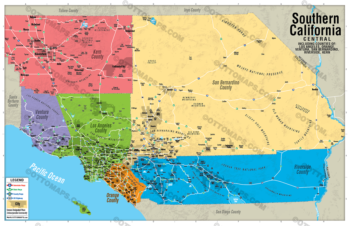 Southern California Map, Central - FILES - PDF and AI Files, editable ...