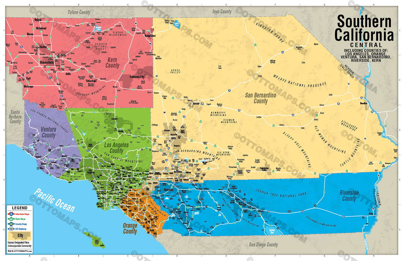 Southern California Map, Central - FILES - PDF and AI Files, editable, vector, royalty free