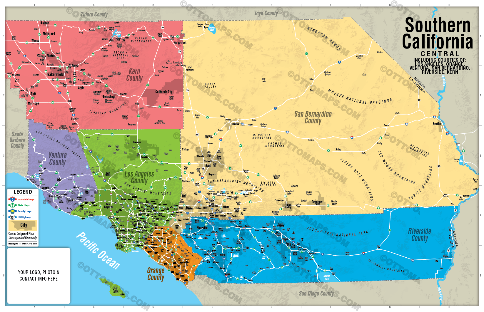 Southern California Map, Central - FILES - PDF and AI Files, editable, vector, royalty free - with box
