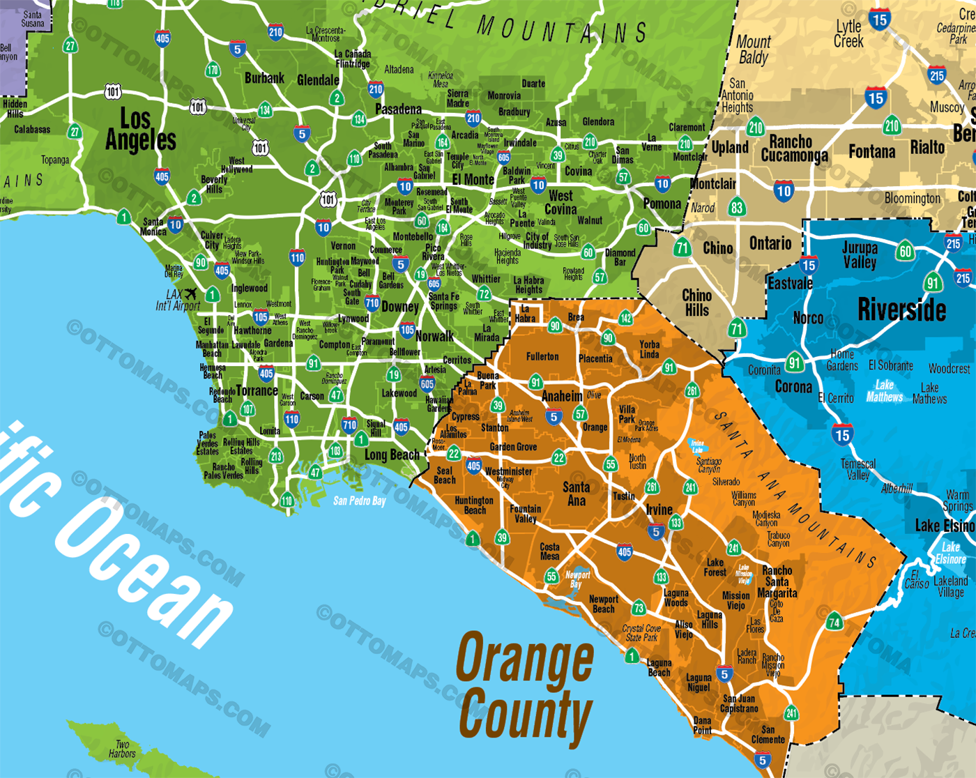 Southern California Map, Central - FILES - PDF and AI Files, editable, vector, royalty free