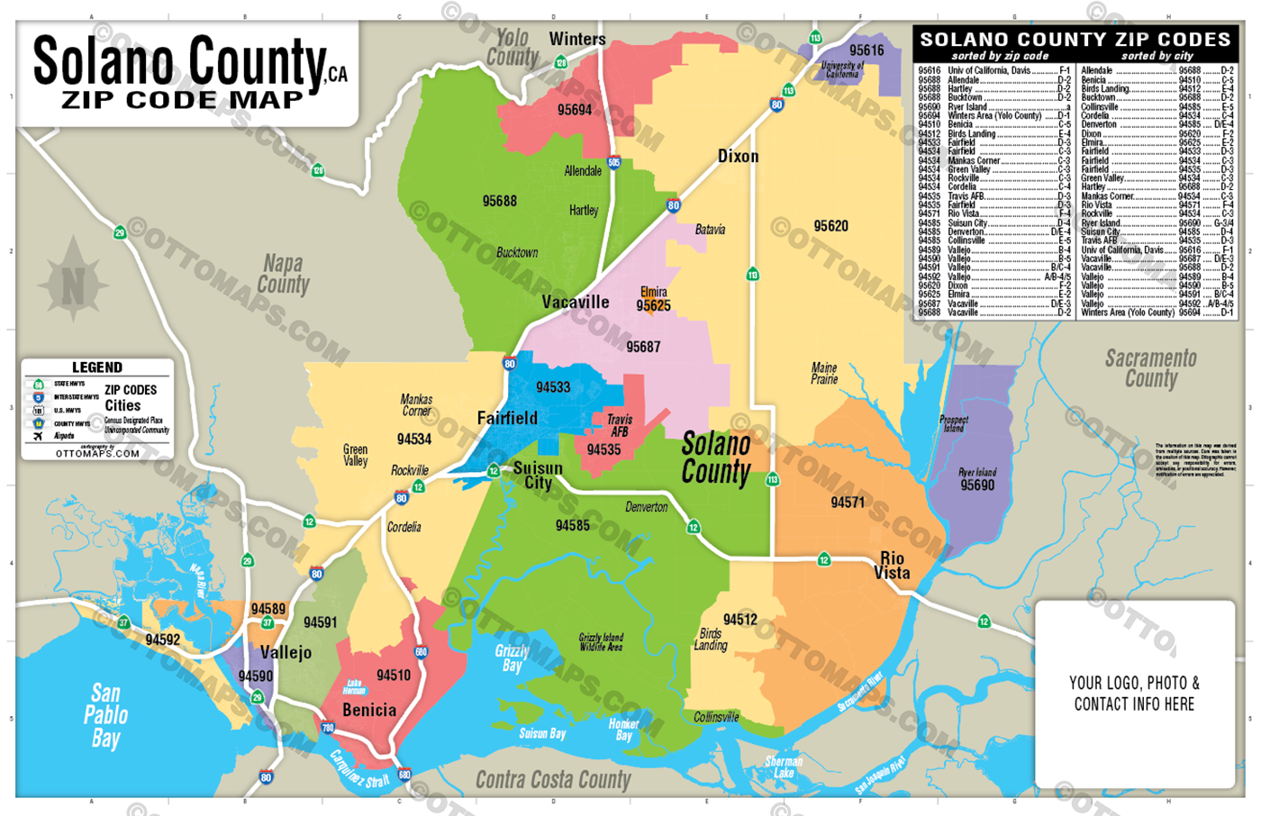 Solano County Zip Code Map - FILES - PDF and Adobe Illustrator - with box