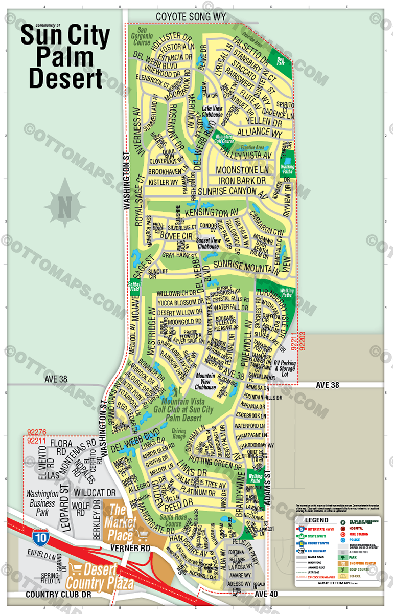 Sun City Palm Desert Map, Riverside County, CA - POSTER PRINTS