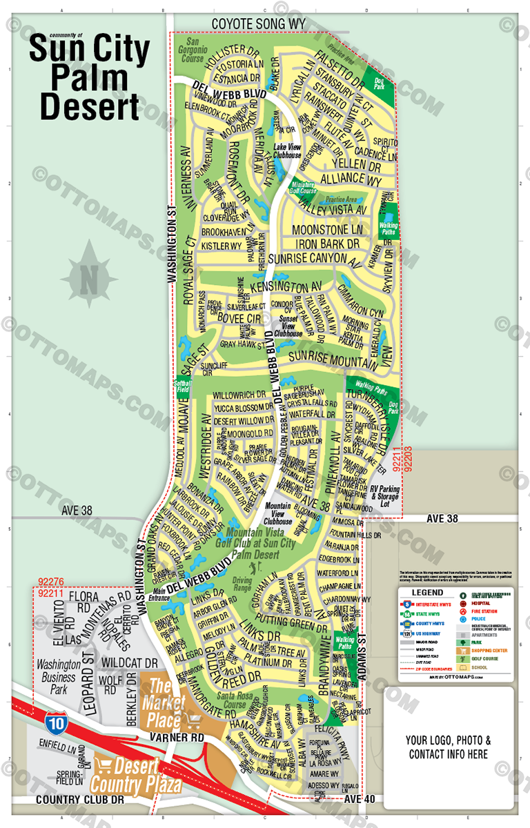 Sun City Palm Desert Map, Riverside County, CA - FILES - PDF and Adobe Illustrator - with box